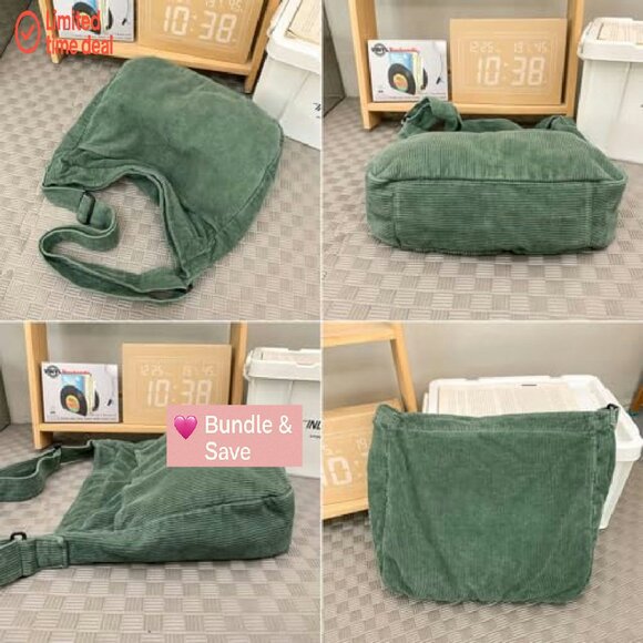 Corduroy Tote Bag with Zipper, Adjustable Strap, Large Capacity - Picture 5 of 8